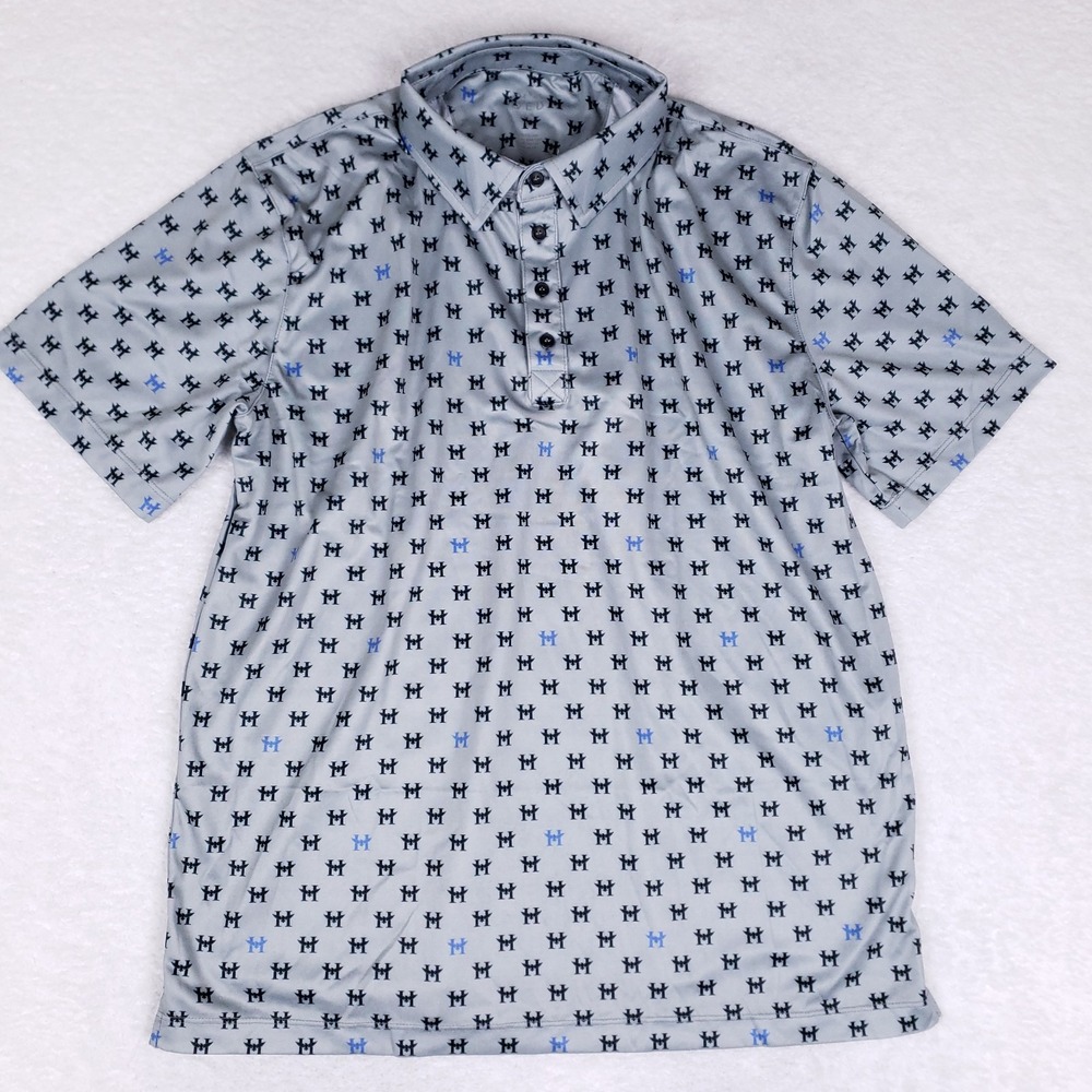 QED Style Polo Shirt Gray Black Blue All Over Logo Print‎ Performance USA Made